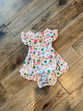 Posh Peanut Kyra strawberry print cutout skirted bodysuit